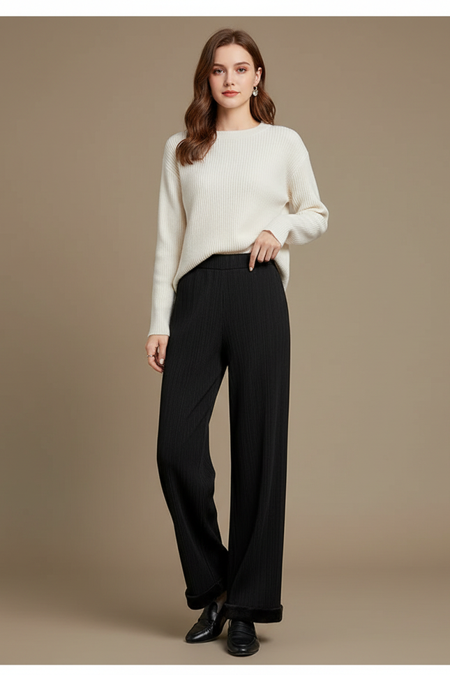 Pantalon Noir Large Droit Côtelé Épais Décontracté - Maille