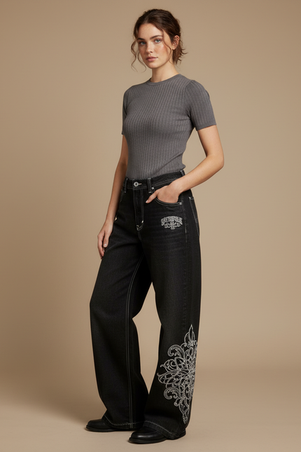 Pantalon Noir Brodé Ample Streetwear Femme - Jean