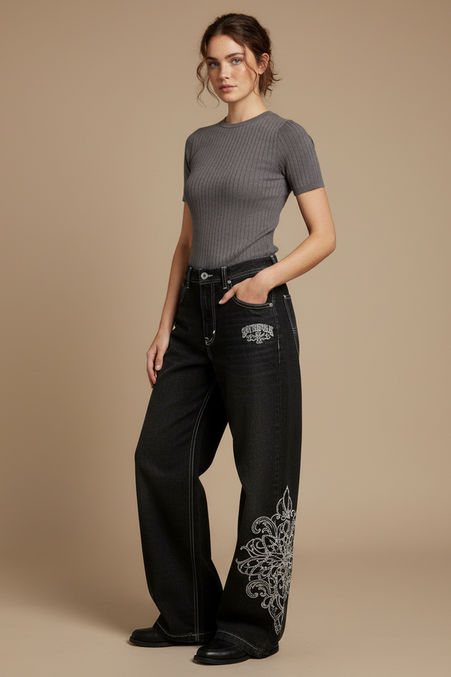 Pantalon Noir Brodé Ample Streetwear Femme - Jean