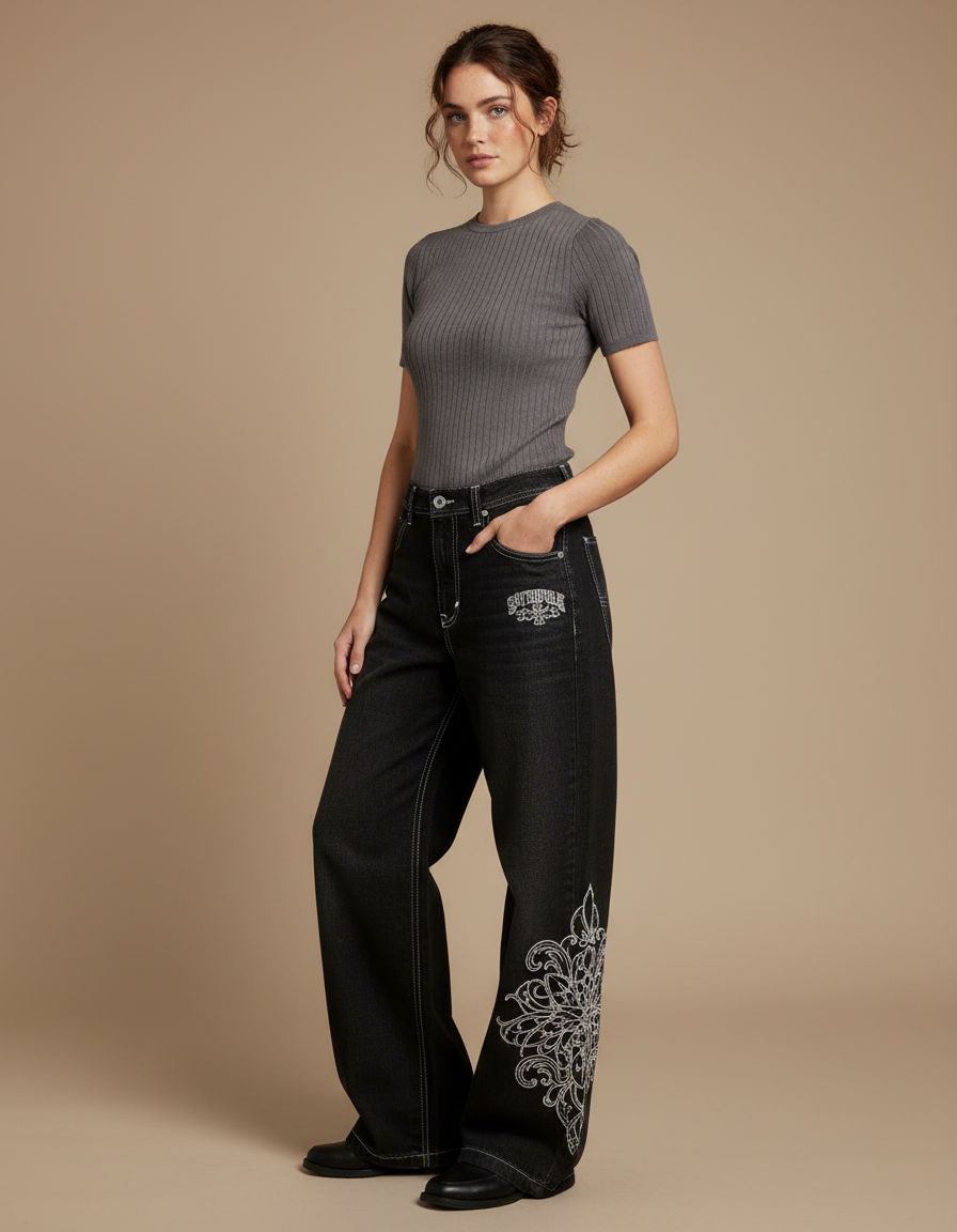 Pantalon Noir Brodé Ample Streetwear Femme - Jean