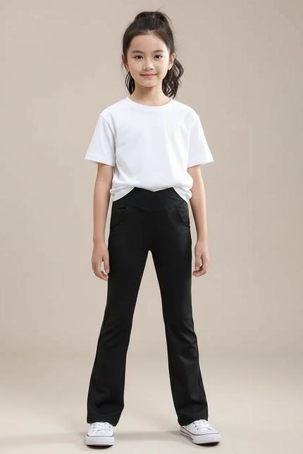 Pantalon Noir Évasé Taille Haute Fille Confortable - Maille