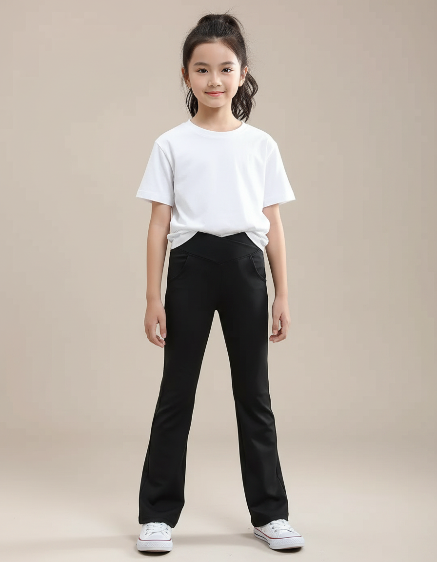Pantalon Noir Évasé Taille Haute Fille Confortable - Maille