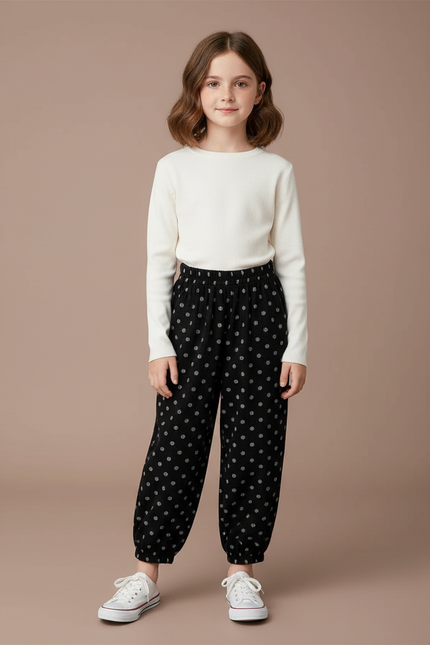 Pantalon Noir Côtelé Ample Décontracté Motifs Points - Cordé