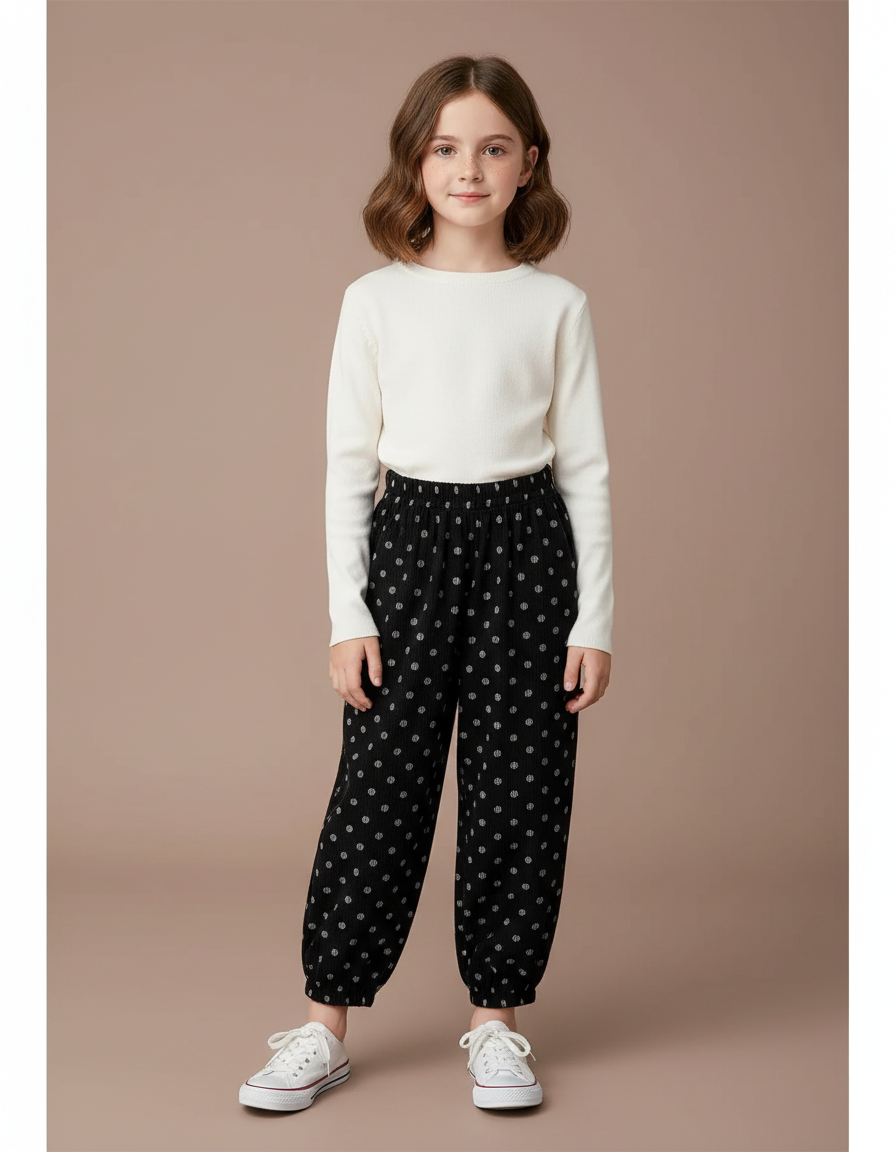 Pantalon Noir Côtelé Ample Décontracté Motifs Points - Cordé