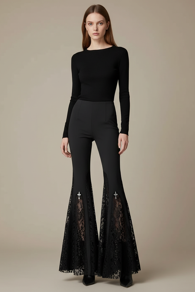 Pantalon Noir Évasé Dentelle Croix Gothique Sexy - Gabardine