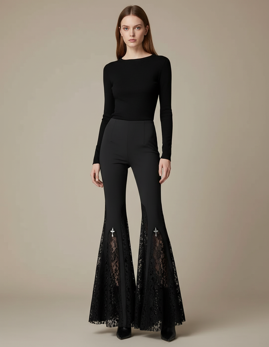 Pantalon Noir Évasé Dentelle Croix Gothique Sexy - Gabardine