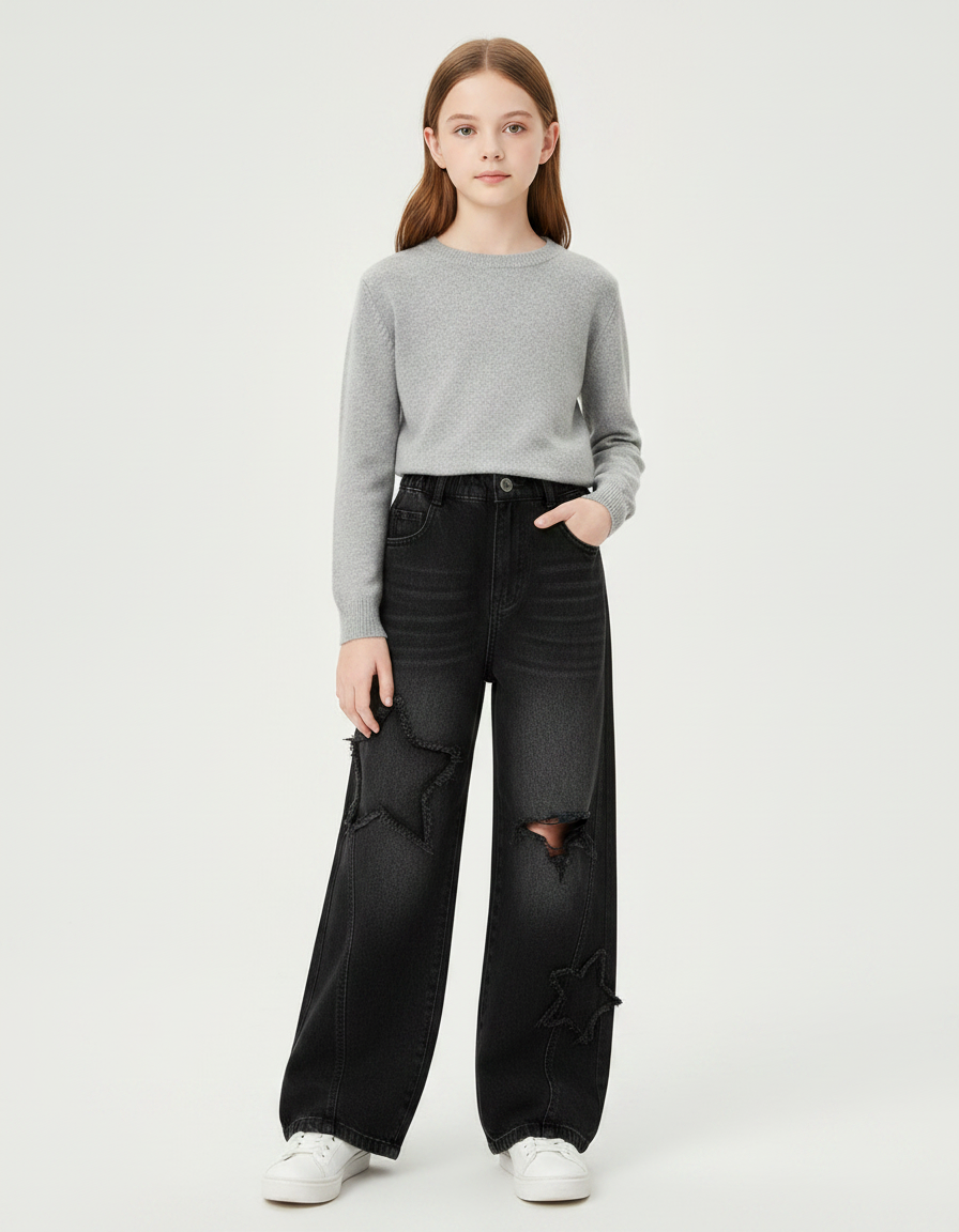 Pantalon Noir Ample Étoiles Détruit Enfant - Jean