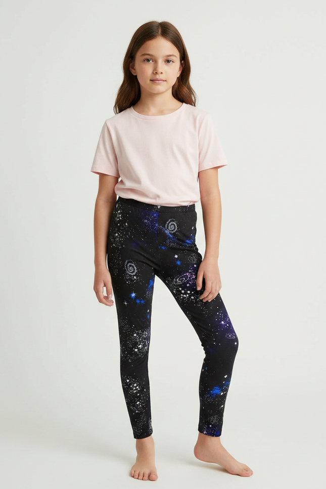 Pantalon Noir Imprimé Galaxie Extensible Fille - Polyester