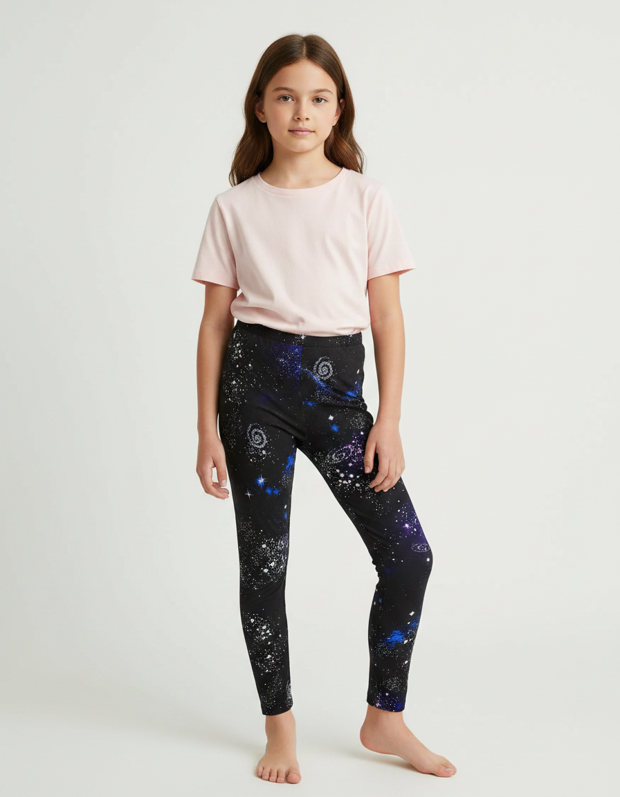 Pantalon Noir Imprimé Galaxie Extensible Fille - Polyester