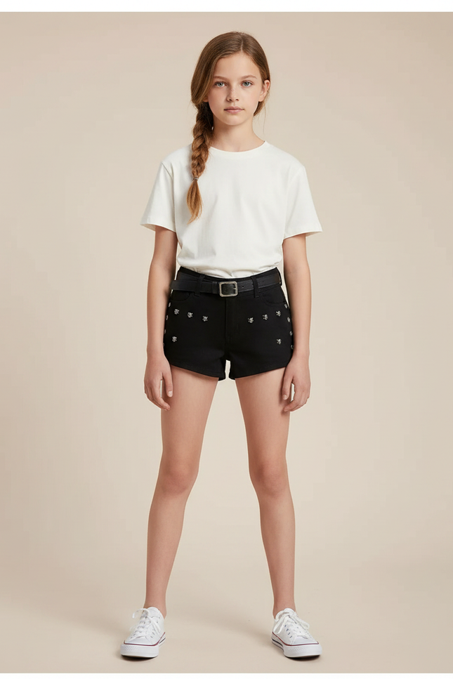 Pantalon Noir Short Denim Brodé Ceinturé Fille - Jean