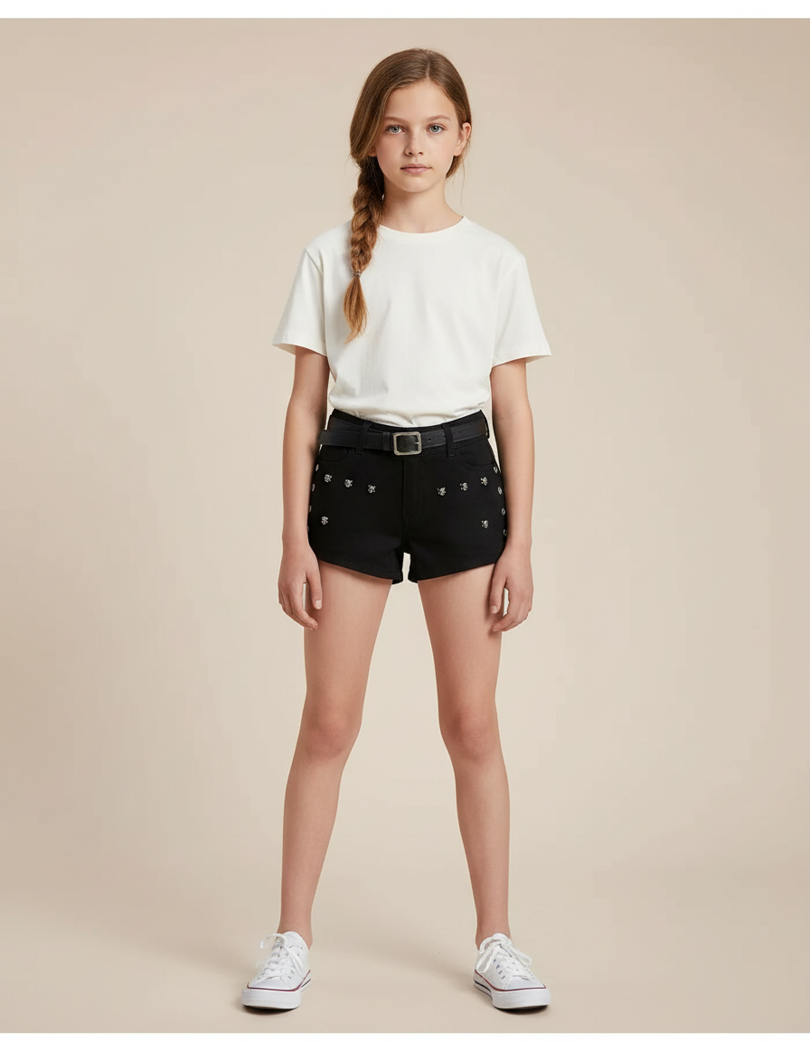 Pantalon Noir Short Denim Brodé Ceinturé Fille - Jean