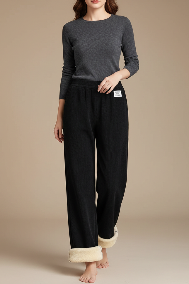 Pantalon Noir Doublé Polaire Ample Hiver Femme - Cordé