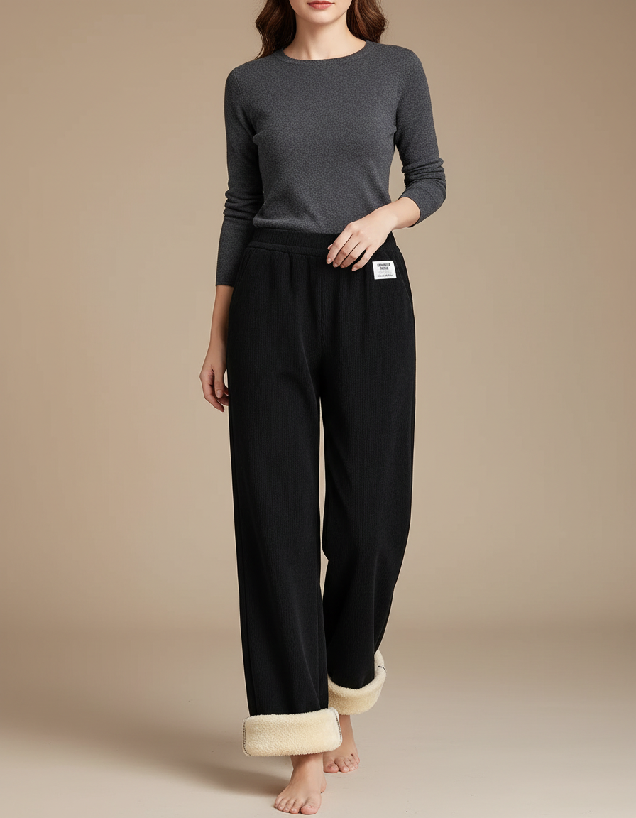 Pantalon Noir Doublé Polaire Ample Hiver Femme - Cordé