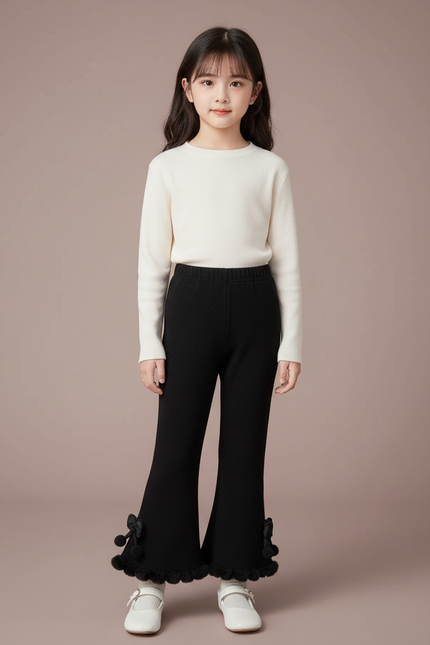 Pantalon Noir Évasé Fille Côtelé Pompons Dentelle - Maille