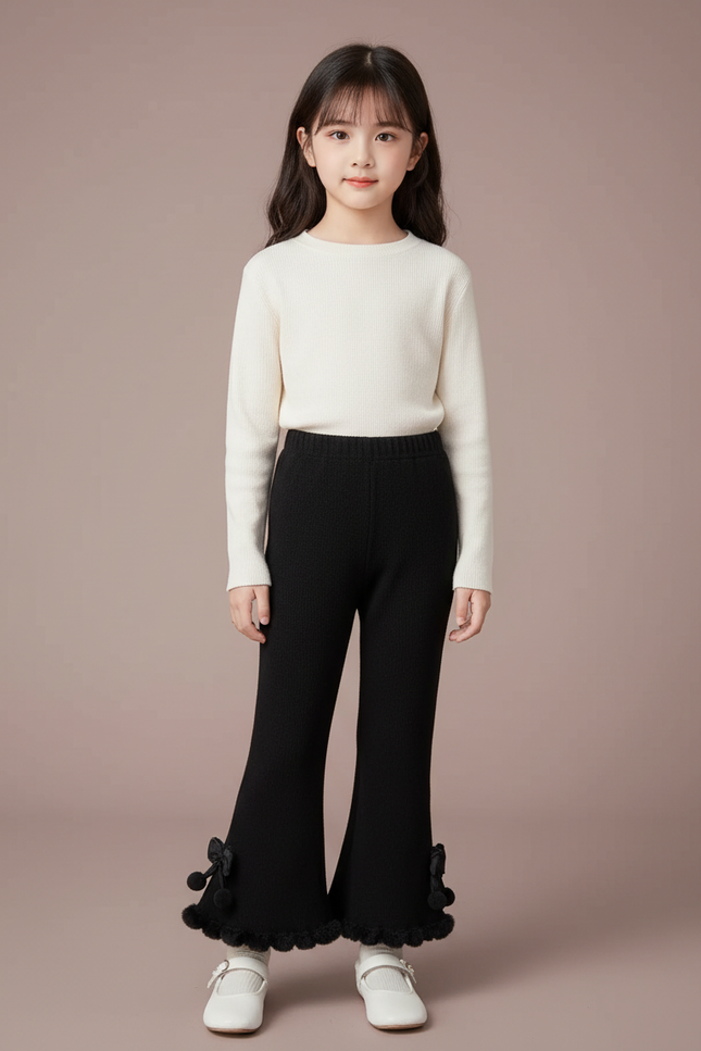 Pantalon Noir Évasé Fille Côtelé Pompons Dentelle - Maille