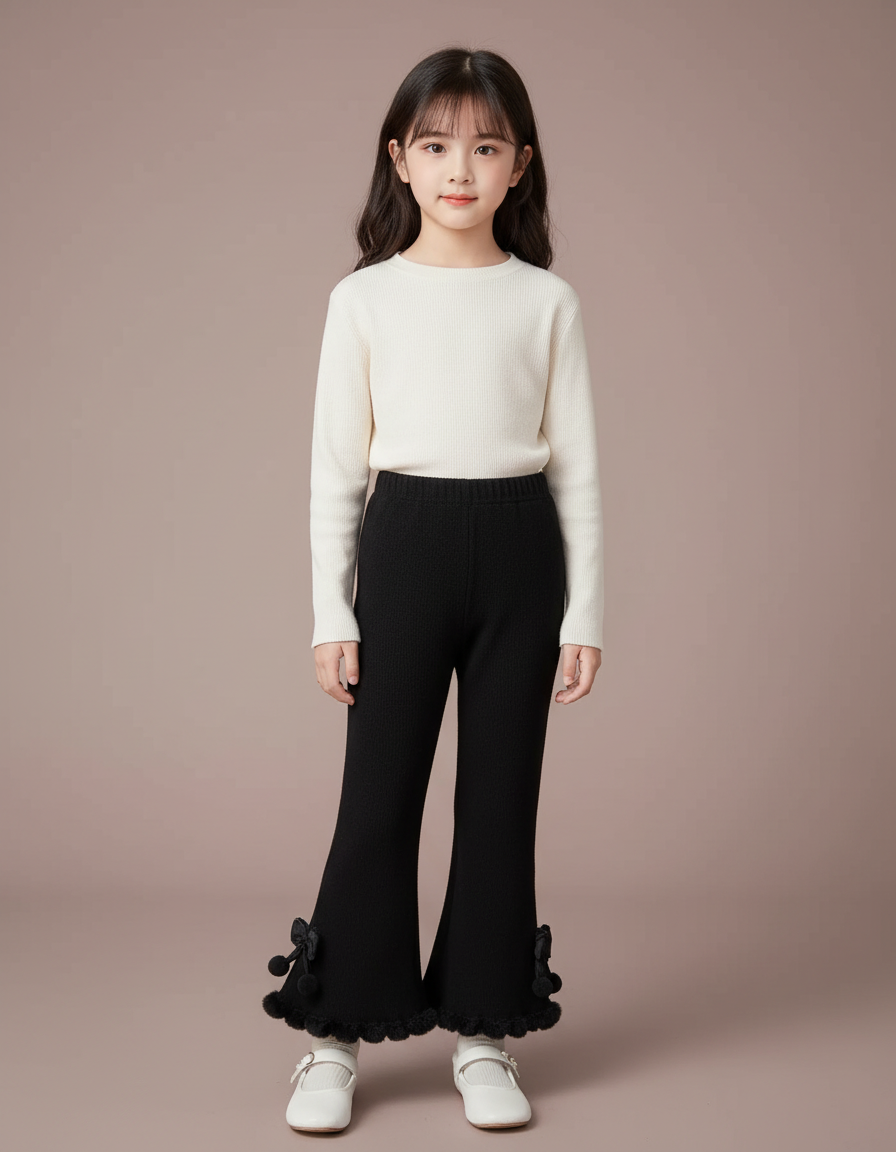 Pantalon Noir Évasé Fille Côtelé Pompons Dentelle - Maille
