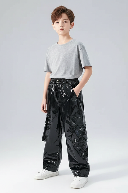 Pantalon Noir Brillant Cargo Ample Garçon Streetwear - Simili cuir