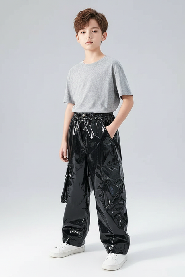 Pantalon Noir Brillant Cargo Ample Garçon Streetwear - Simili cuir