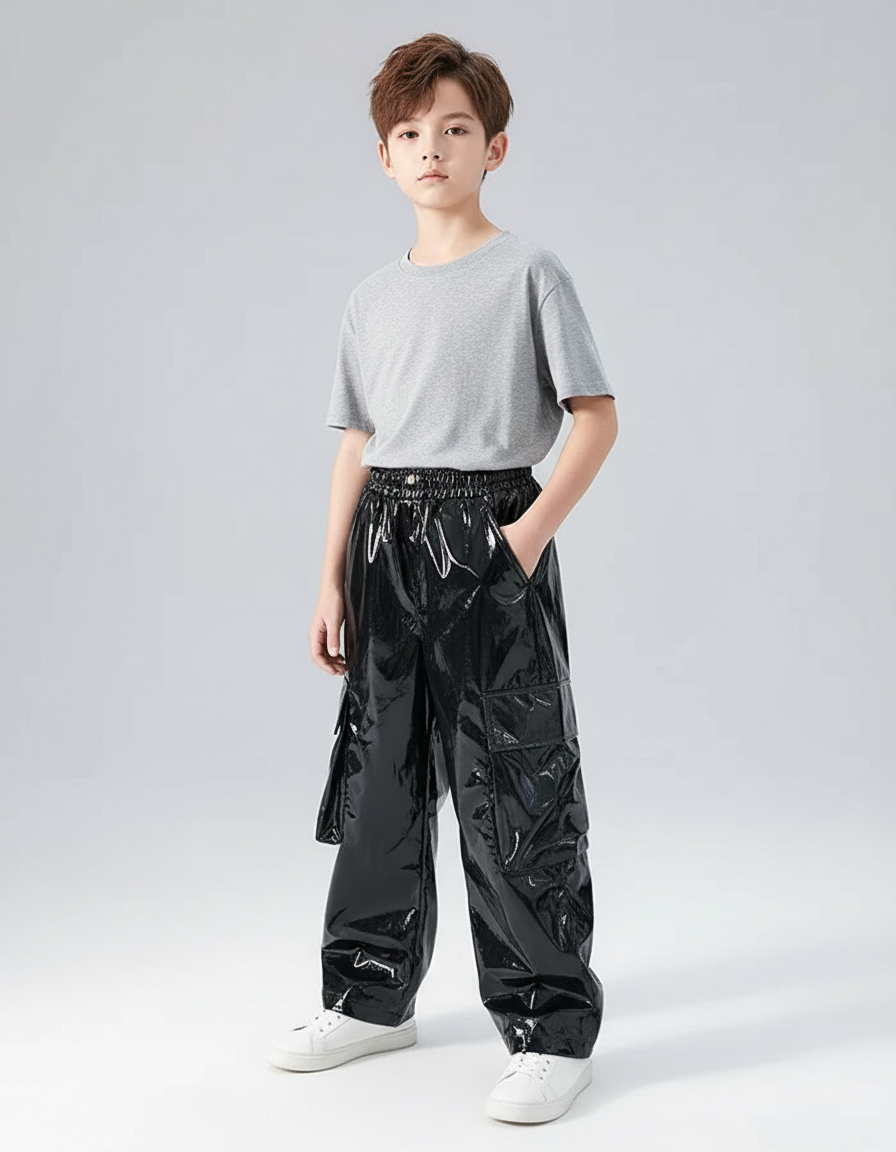 Pantalon Noir Brillant Cargo Ample Garçon Streetwear - Simili cuir