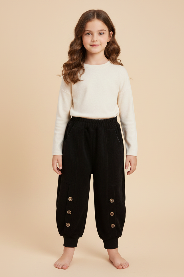 Pantalon Noir Côtelé Ample Boutons Décontracté Enfant - Cordé