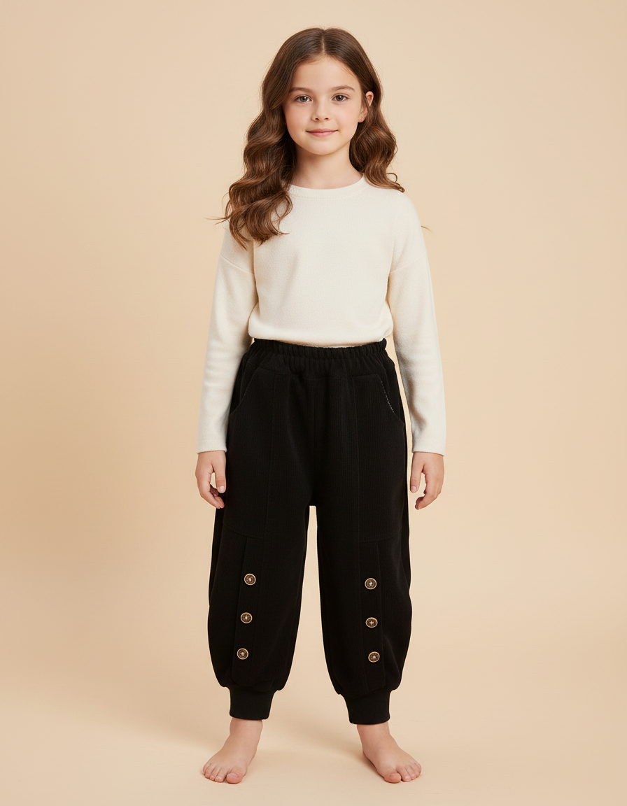 Pantalon Noir Côtelé Ample Boutons Décontracté Enfant - Cordé