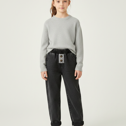 Pantalon Noir Denim Ample Enfant Décontracté Ceinture Élastique - Jean