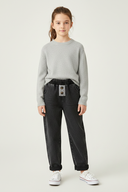 Pantalon Noir Denim Ample Enfant Décontracté Ceinture Élastique - Jean