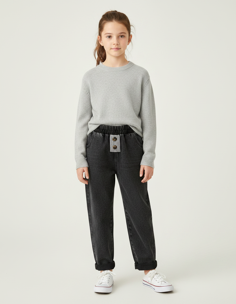 Pantalon Noir Denim Ample Enfant Décontracté Ceinture Élastique - Jean
