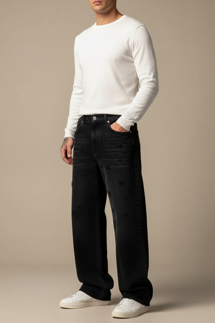 Pantalon Noir Large Décontracté Brodé Paillettes Homme - Jean