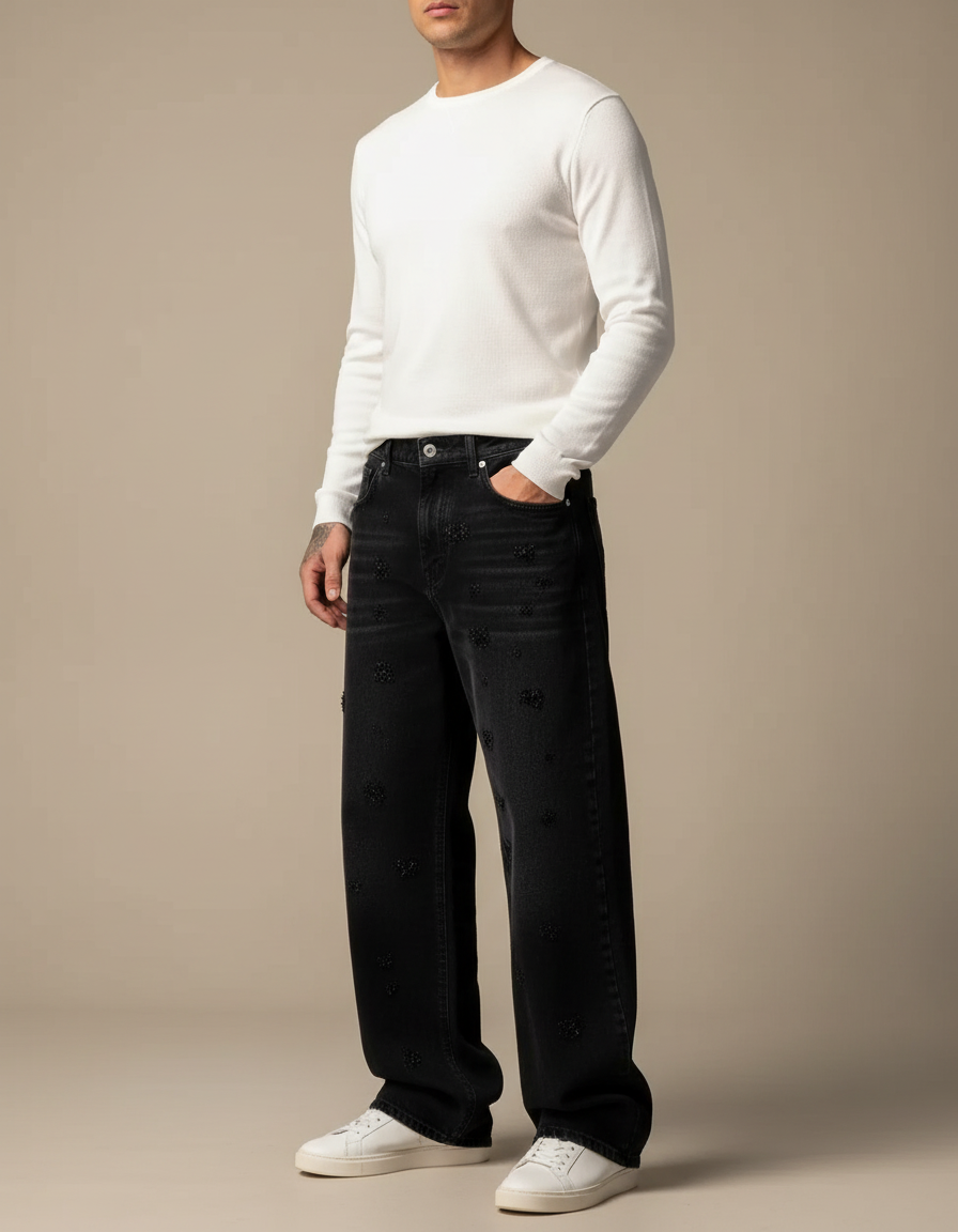 Pantalon Noir Large Décontracté Brodé Paillettes Homme - Jean