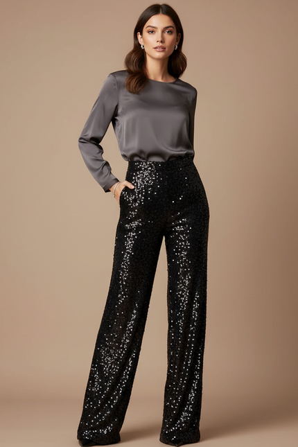 Pantalon Noir Paillettes Large Élégant Femme - Polyester