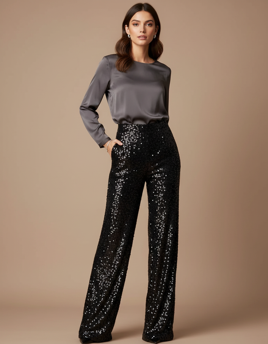 Pantalon Noir Paillettes Large Élégant Femme - Polyester