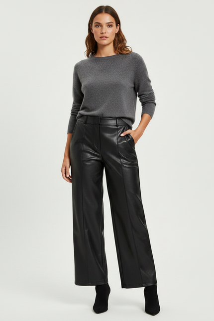 Pantalon Noir Simili Cuir Large Taille Haute