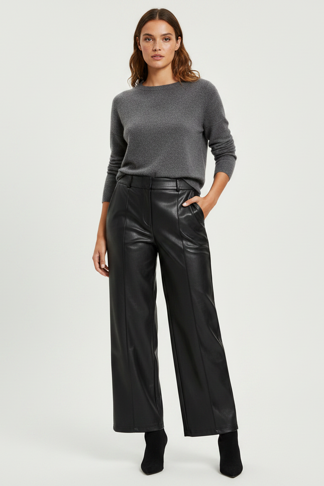 Pantalon Noir Simili Cuir Large Taille Haute