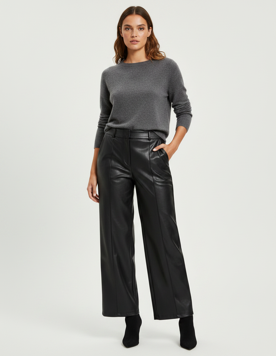 Pantalon Noir Simili Cuir Large Taille Haute