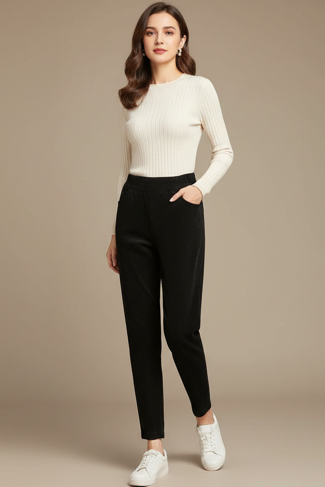 Pantalon Noir Côtelé Taille Haute Confortable Élastique Femme - Cordé