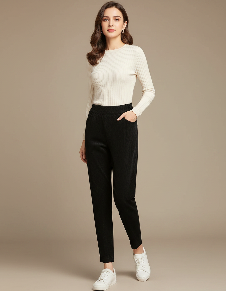 Pantalon Noir Côtelé Taille Haute Confortable Élastique Femme - Cordé