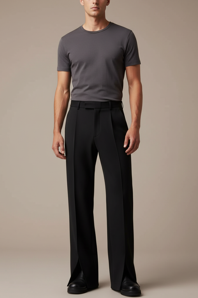 Pantalon Noir Droit Fendu Homme Élégant - Polyester
