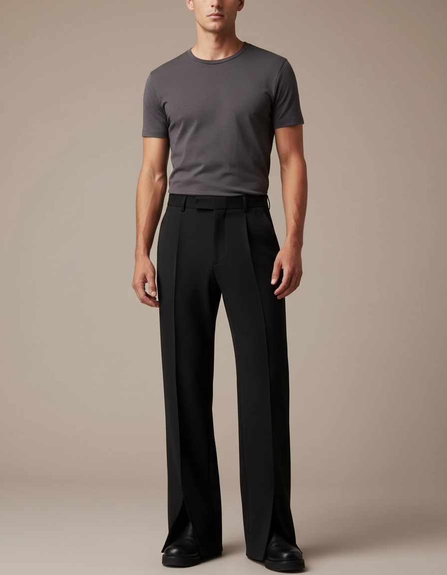Pantalon Noir Droit Fendu Homme Élégant - Polyester