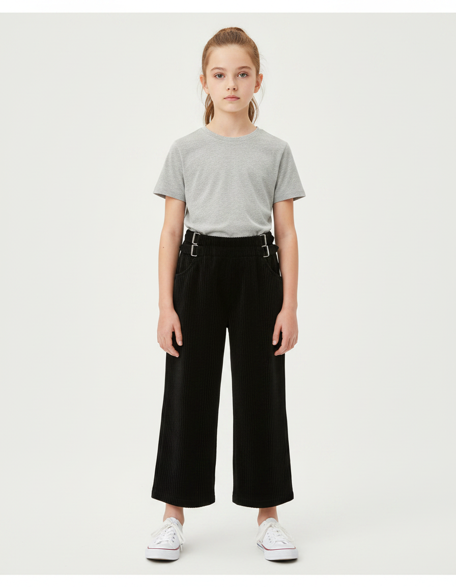 Pantalon Noir Côtelé Droit Enfant Décontracté Hiver - Cordé