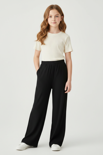 Pantalon Noir Côtelé Ample Confortable Fille - Maille