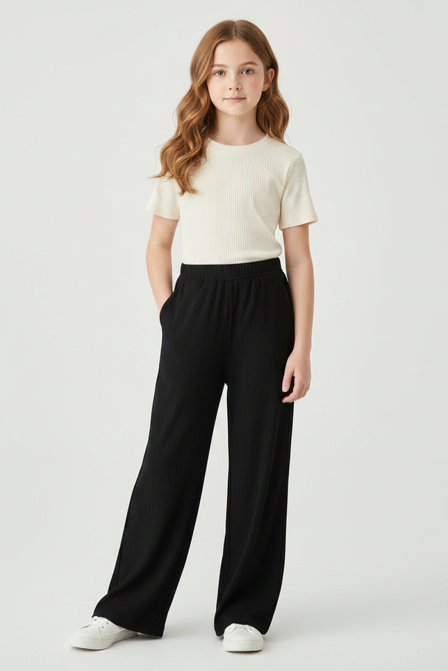 Pantalon Noir Côtelé Ample Confortable Fille - Maille