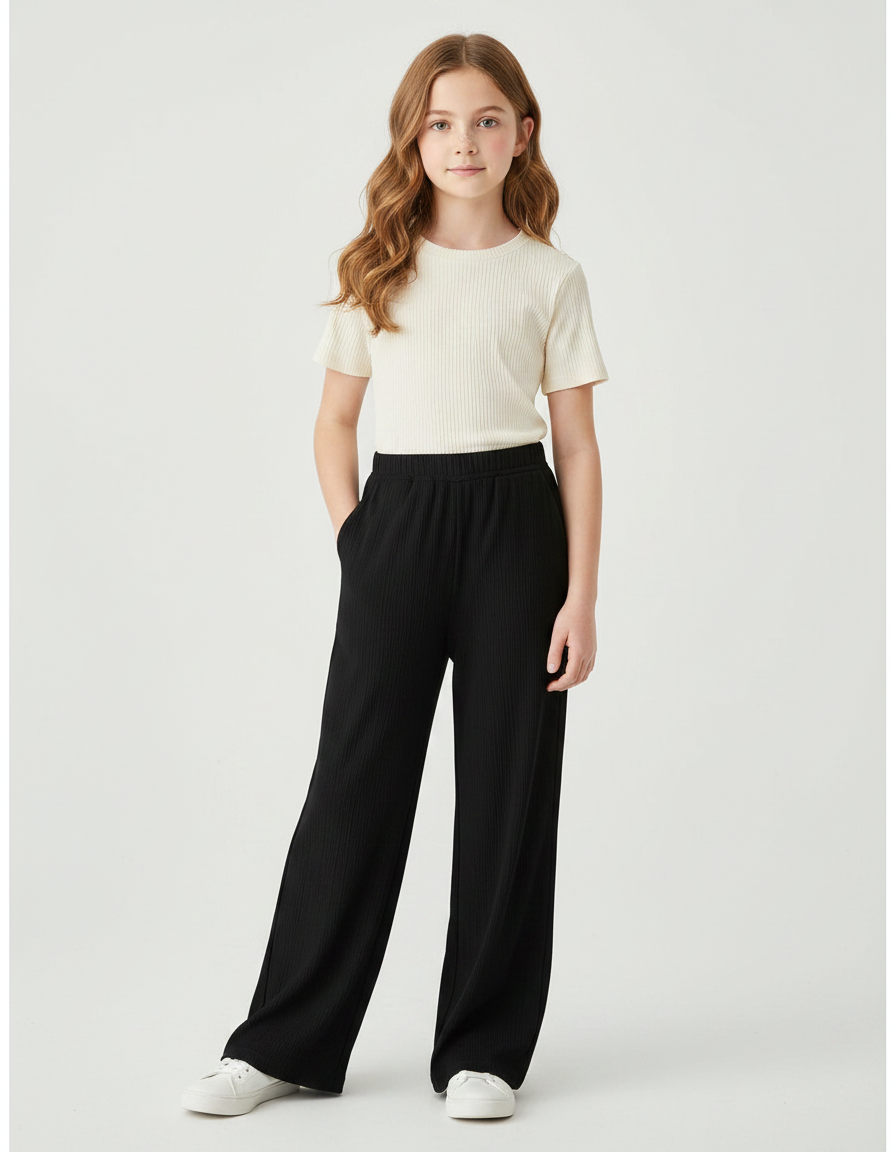 Pantalon Noir Côtelé Ample Confortable Fille - Maille
