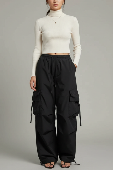 Pantalon Noir Cargo Ample Streetwear Femme - Polyester