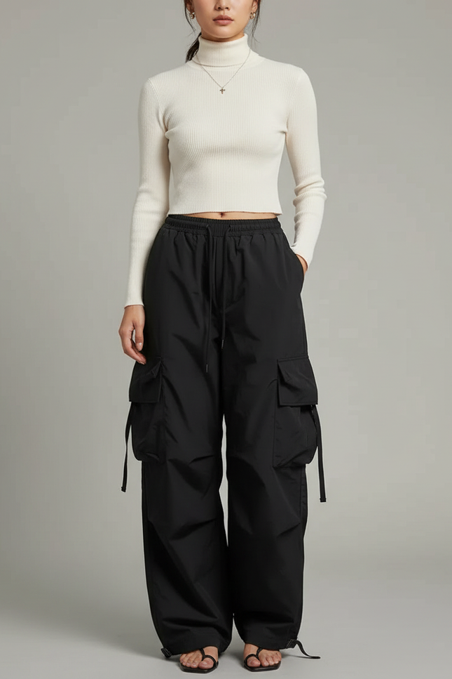 Pantalon Noir Cargo Ample Streetwear Femme - Polyester