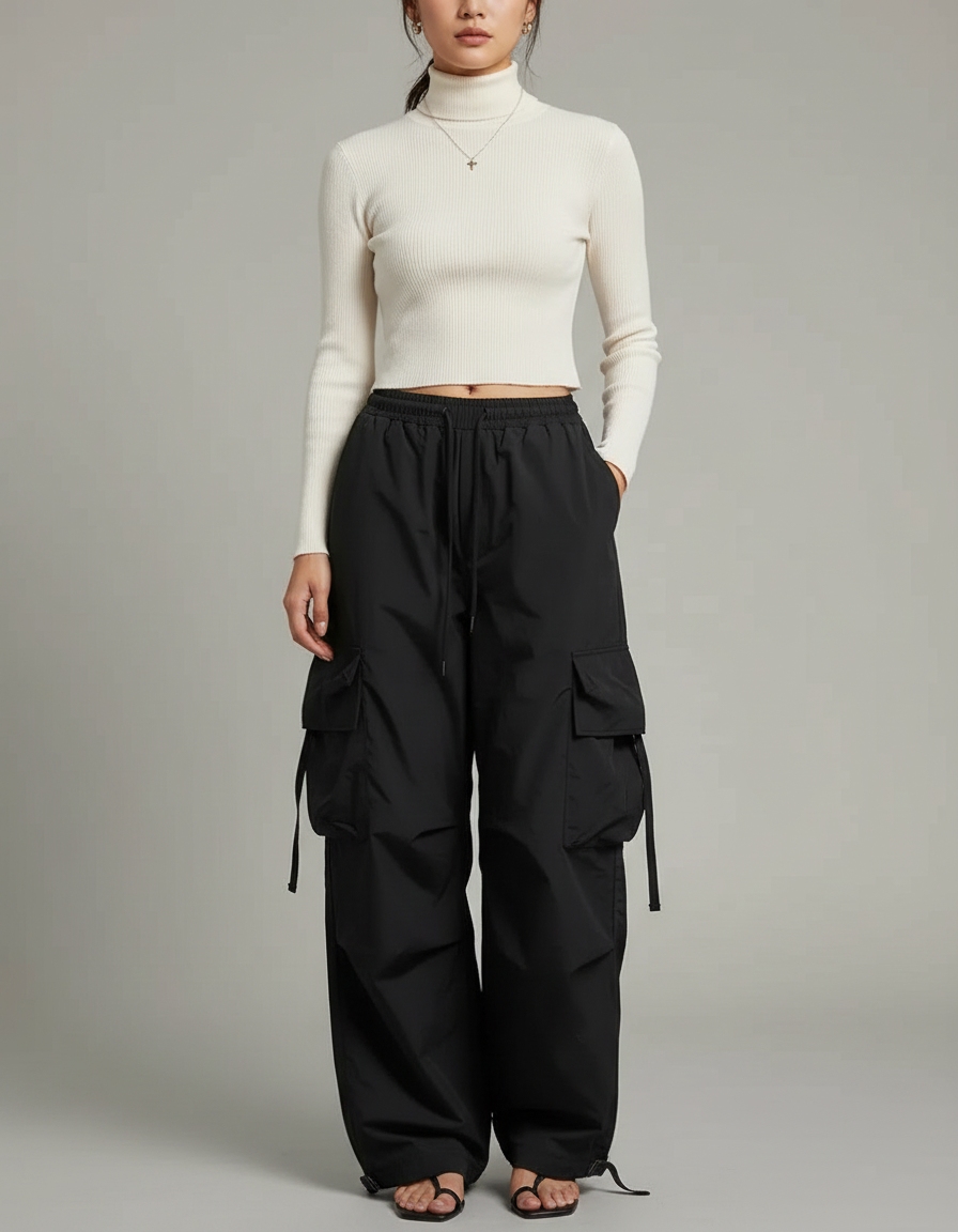 Pantalon Noir Cargo Ample Streetwear Femme - Polyester