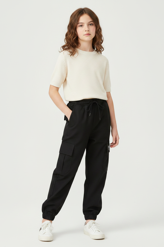 Pantalon Noir Cargo Ample Cordon Enfant - Polyester