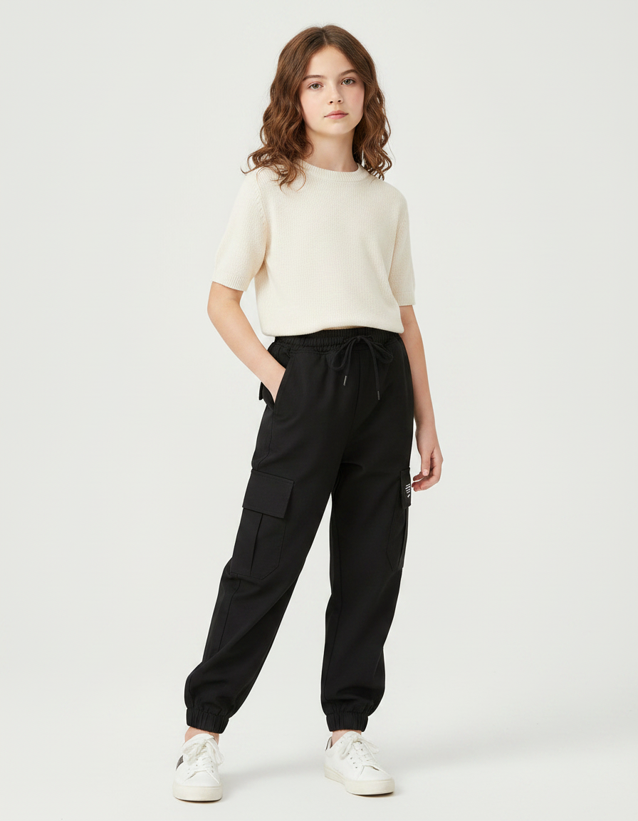 Pantalon Noir Cargo Ample Cordon Enfant - Polyester