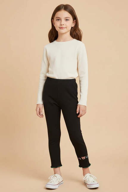 Pantalon Noir Côtelé Brodé Floral Fille Slim - Maille
