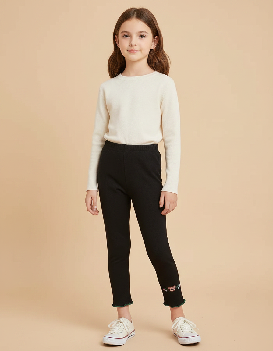 Pantalon Noir Côtelé Brodé Floral Fille Slim - Maille